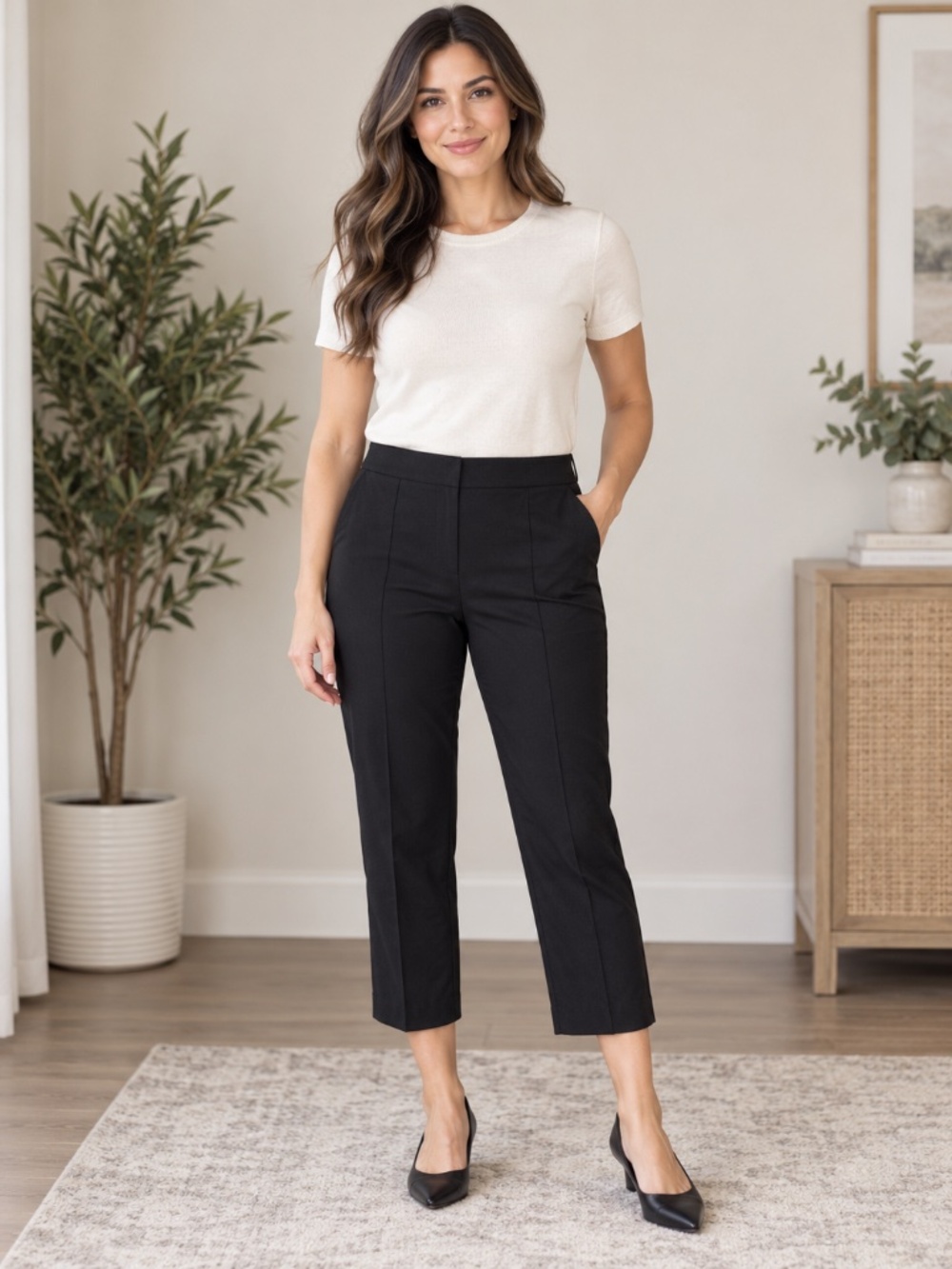 Rafaella Pintuck Crop Pants Size 14 Black Slim Straight Stretch Ankle NWT